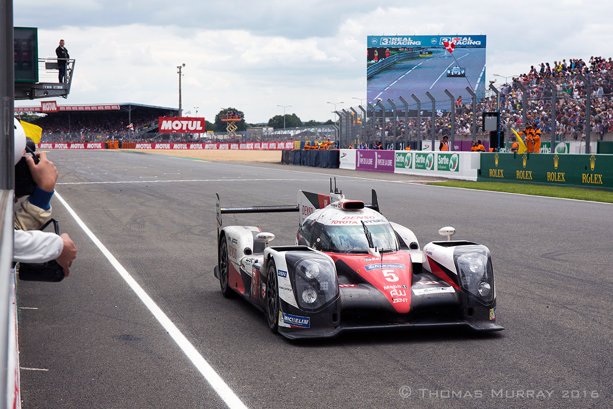Kazuki Nakajima in the Toyota TS050 stopped one lap short of victory in the 2016 24 Hours of Le Mans Kazuki Nakajima rolls the powerless Toyota TS050 to a halt over the start/finish line in the 2016 24 Hours of Le Mans