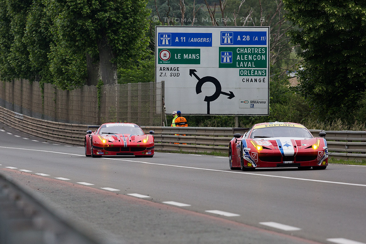 Two GTE AM 458 Italias on the Mulsanne for testing: #62 Scuderia Corsa and #83 AF Corse Le Mans 2016 entries GTE AM 458 Italias on the Mulsanne for testing: #62 Scuderia Corsa and #83 AF Corse