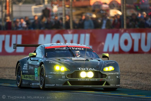 Aston Martin Racing driver Darren Turner drives the 2016 GTE Vantage V8 Le Mans 2016 Aston Martin Racing driver Darren Turner drives the 2016 GTE Vantage V8 through the Ford Chicane at Sunset Le Mans 2016