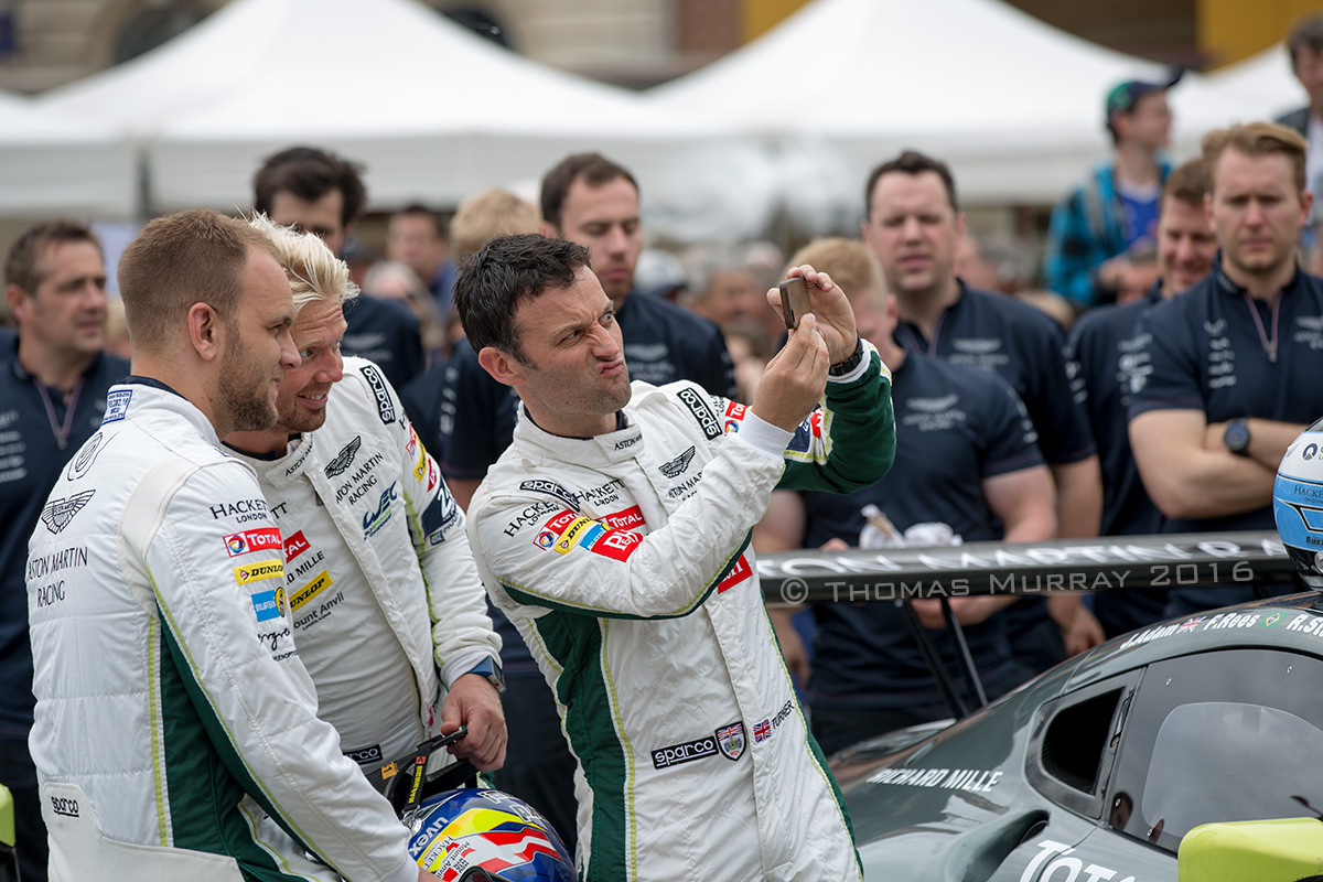 Astom Martin Drivers pose for a selfie at the 2016 24 Hours of Le Mans Aston Martin Racing Drivers Darren Turner NickiThiim and Marco Sorensen pose for selfie at Le Mans 2016 Scrutineering