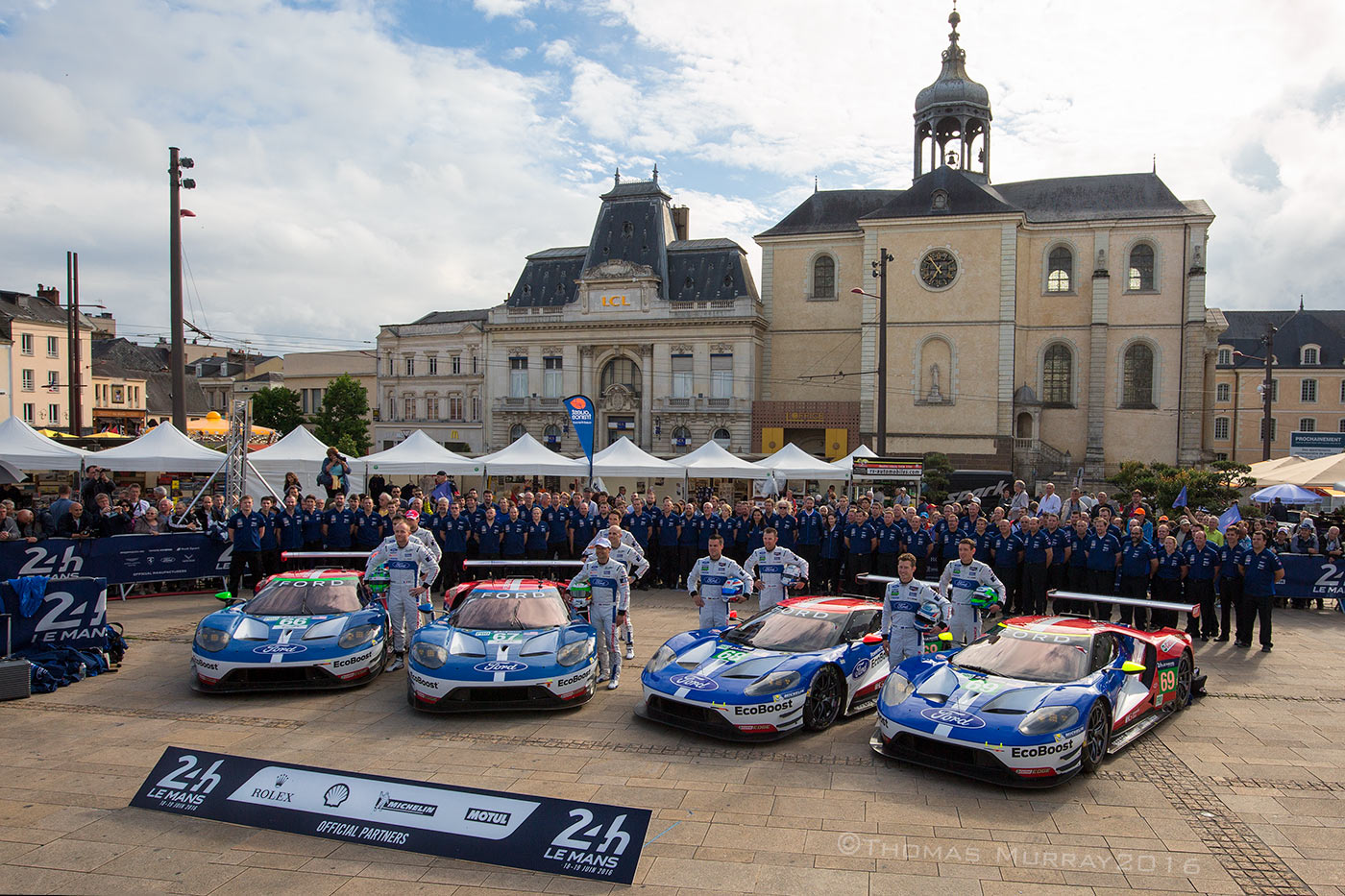 All four Chip Ganassi/Ford GT 40s at Place de Republique for Scrutineering 2016 Team photo for all four Ford GT40 entries for the 2016 Le Mans 24