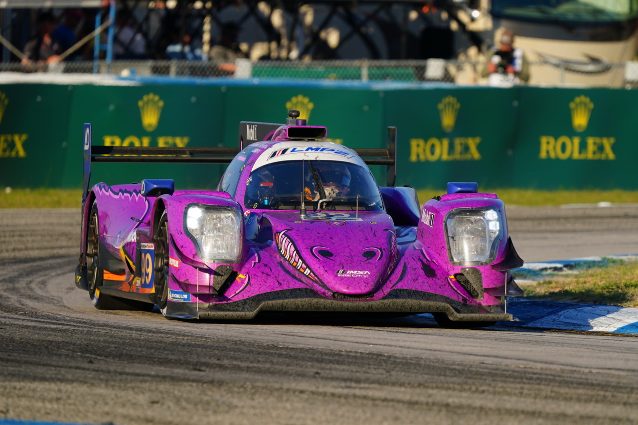 Purple Le Mans prototype race car (#19) corners a track with green Rolex banners in the background, smoke-free and focused on the apex.