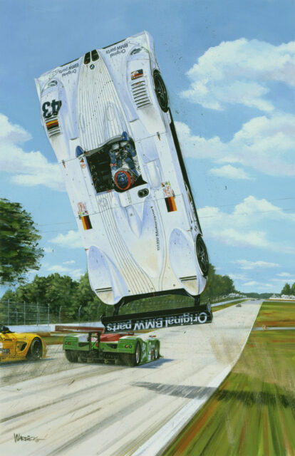 White BMW race car launches into the air off a race track, engine exposed, during a high-speed jump with other cars nearby.